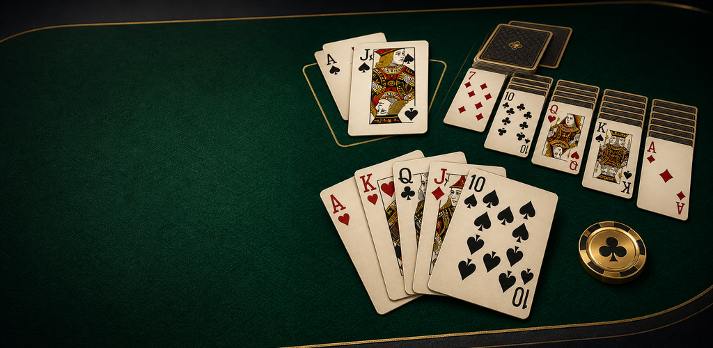 A premium green felt card table showing several playing card games.